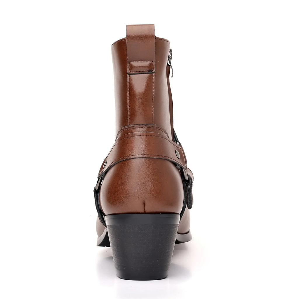 Black chain ankle boots with side zipper and horseshoe heels, square toe and rivet detailing