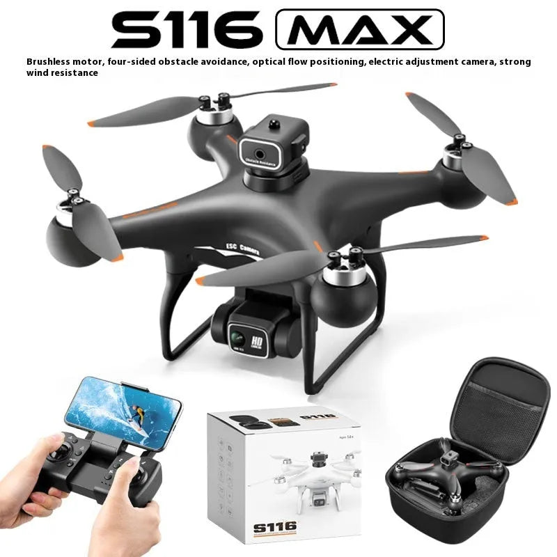 Black HD brushless motor UAV quadcopter with four-side obstacle avoidance sensors and mounted HD camera.