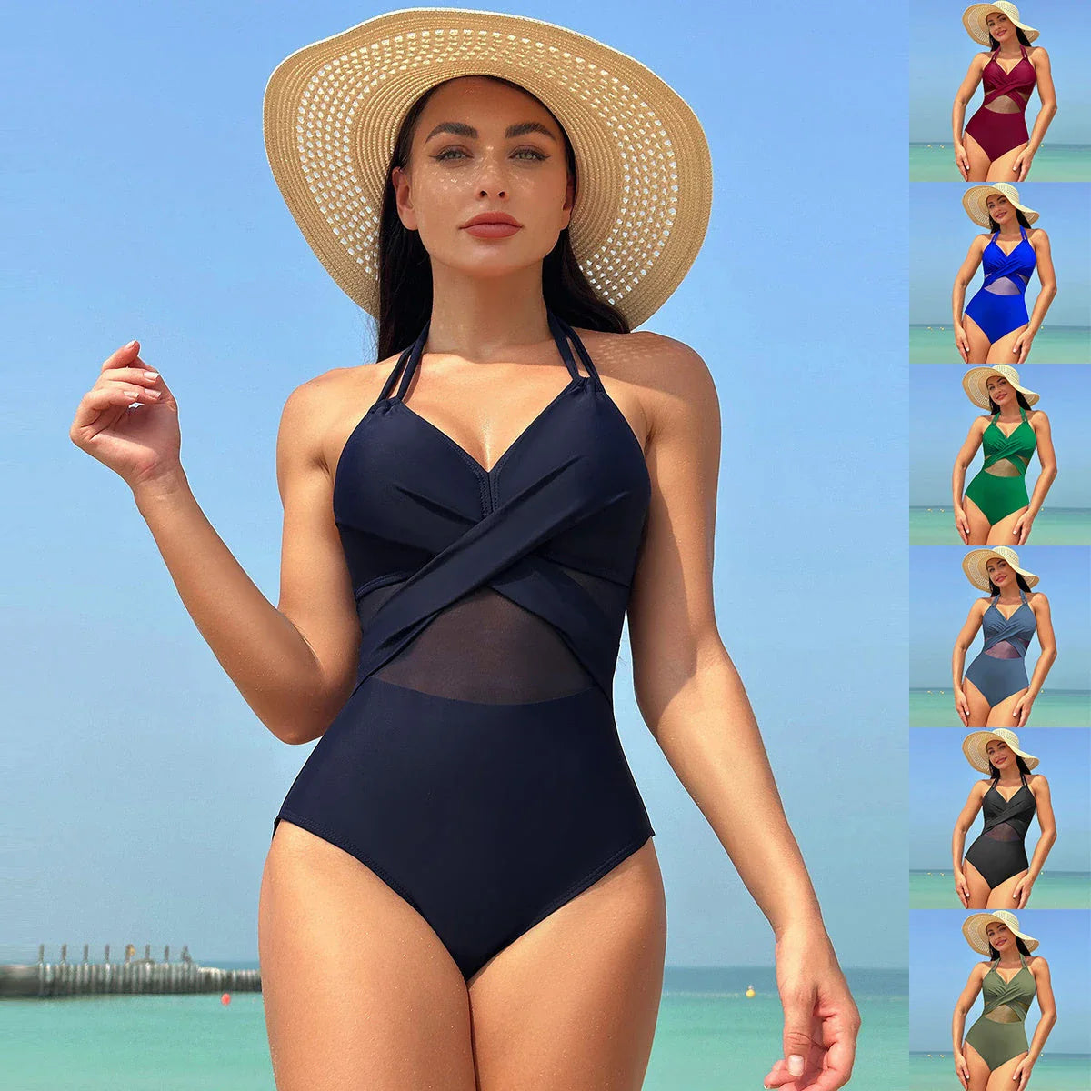 Stylish one-piece swimsuit with cross-strap design and mesh panels, available in a variety of vibrant colors