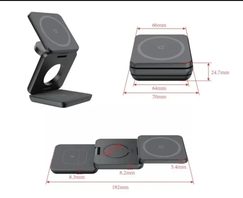 Folding three-in-one magnetic wireless charger in black with Type-C cable and EU plug on a desk