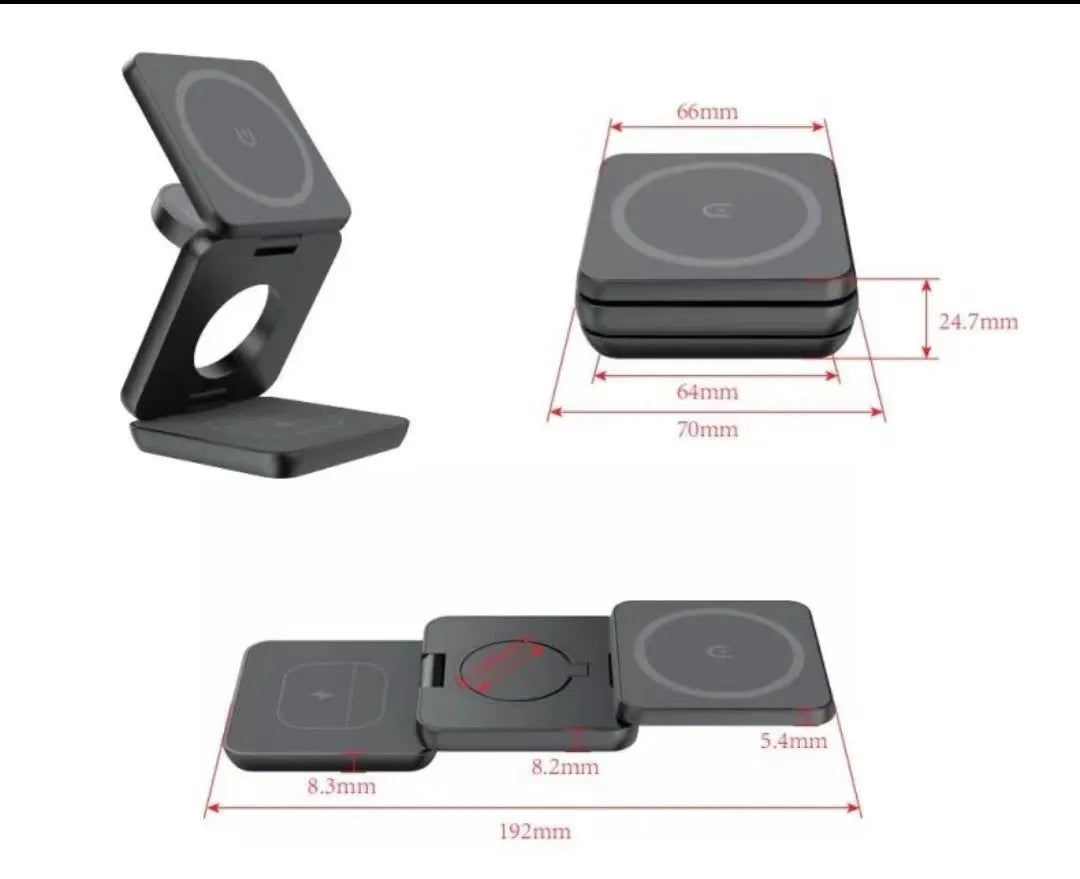 Folding three-in-one magnetic wireless charger in black with Type-C cable and EU plug on a desk