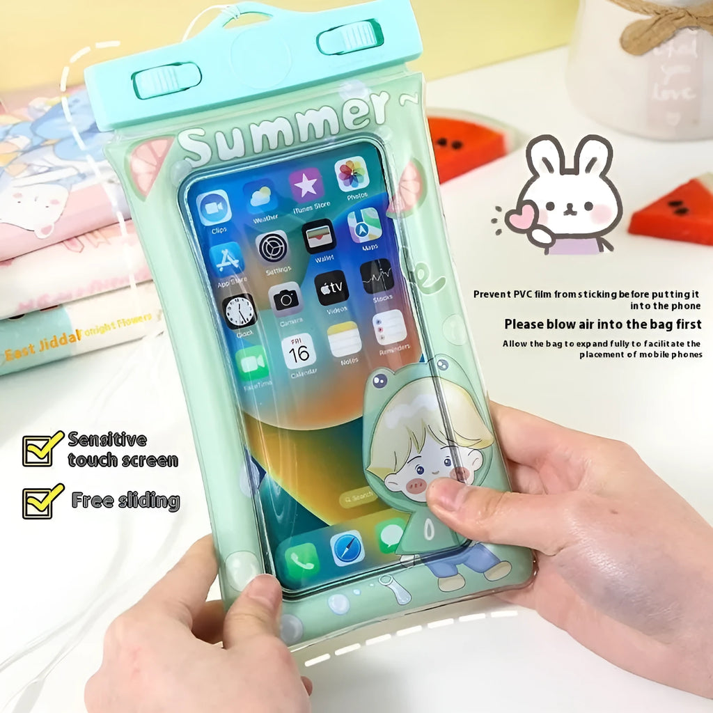 PVC waterproof phone bag with touch screen, 21x11.5cm, airbag cushioning, and gift lanyard in cartoon pattern styles