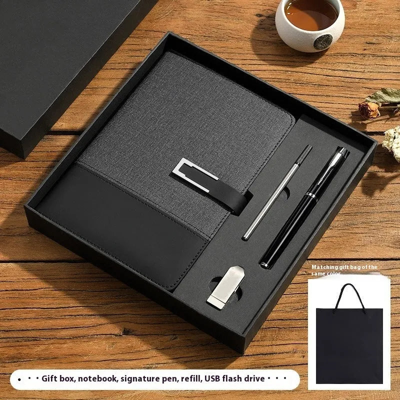 A5 soft PU leather business notebook in choice of five colours, shown with wood-free paper pages and optional gift box.