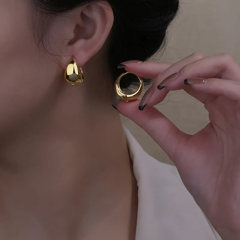 Women's geometric circle earrings with gold inlay, copper base, water drop ear clip in gold-plated finish