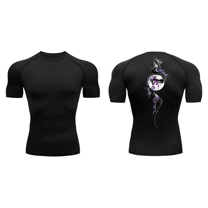 Men's short sleeve loose fit compression shirt with a sword print design on the front.