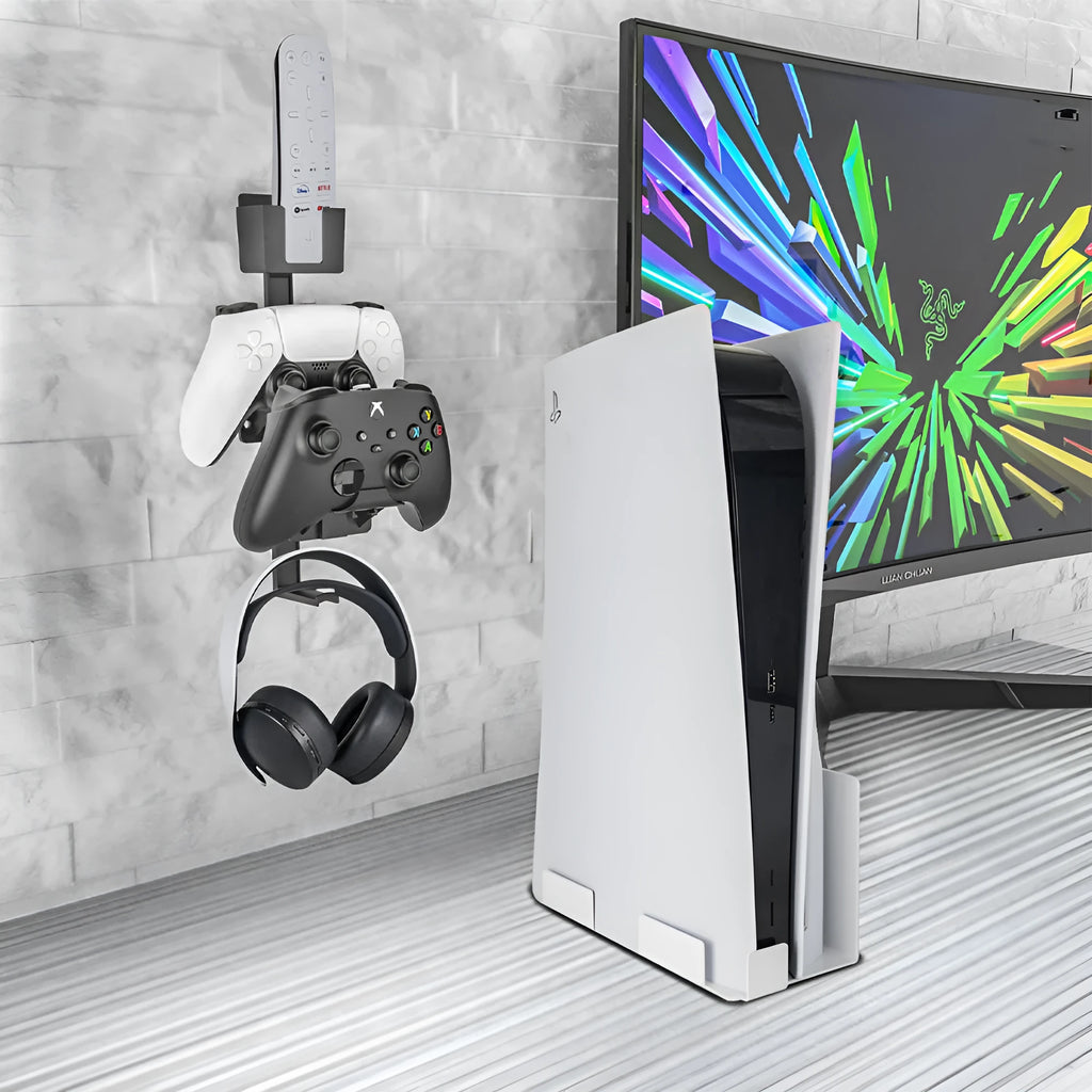 White and black wall-mounted plastic storage hook for gaming remote controls and headsets.