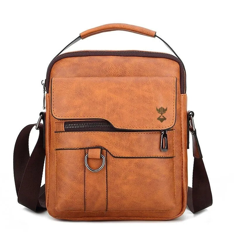 Khaki PU leather men's shoulder bag showing zipper closure and internal mobile phone pocket organisation