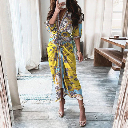 Elegant and chic floral print long-sleeved lace-up maxi dress with deep v-neck and empire waist