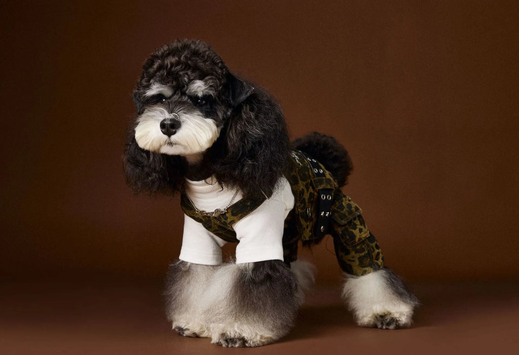 Leopard print cotton dog overalls with suspender style for autumn casual wear