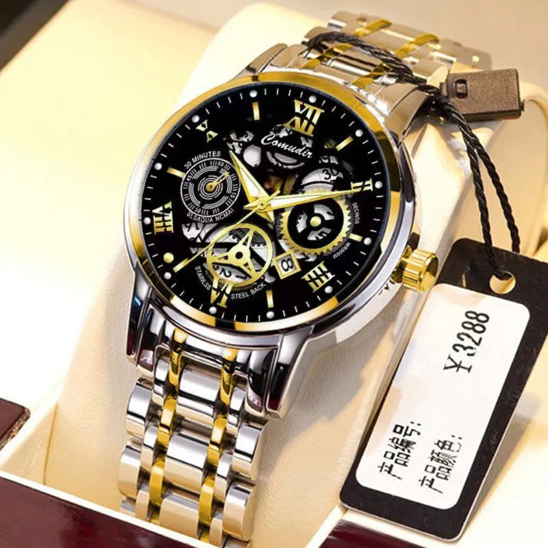 Fashion jewelry hollow men's watch with waterproof luminous calendar display in black steel black surface colour