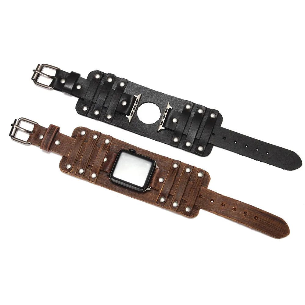 Genuine cowhide watch strap punk style black leather band for 38/40mm watches