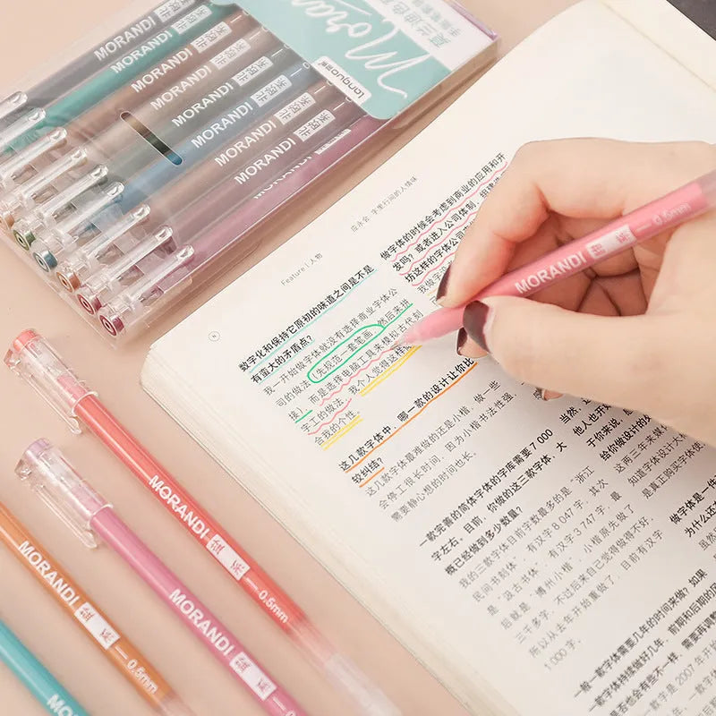 Set of nine 0.5mm needle-tip gel pens in a plastic storage case with Nordic, retro, salt, or sweet style colours.