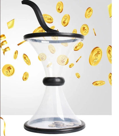 Transparent vortex piggy bank with coins spiraling down