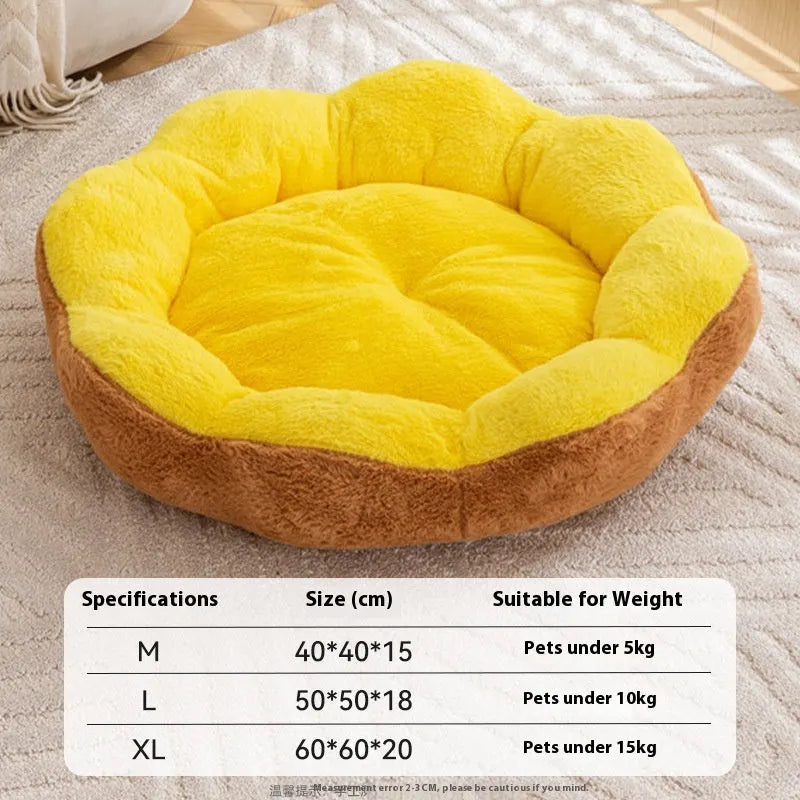A thick round rabbit plush pet bed in a soft colour, shown detached for washing.