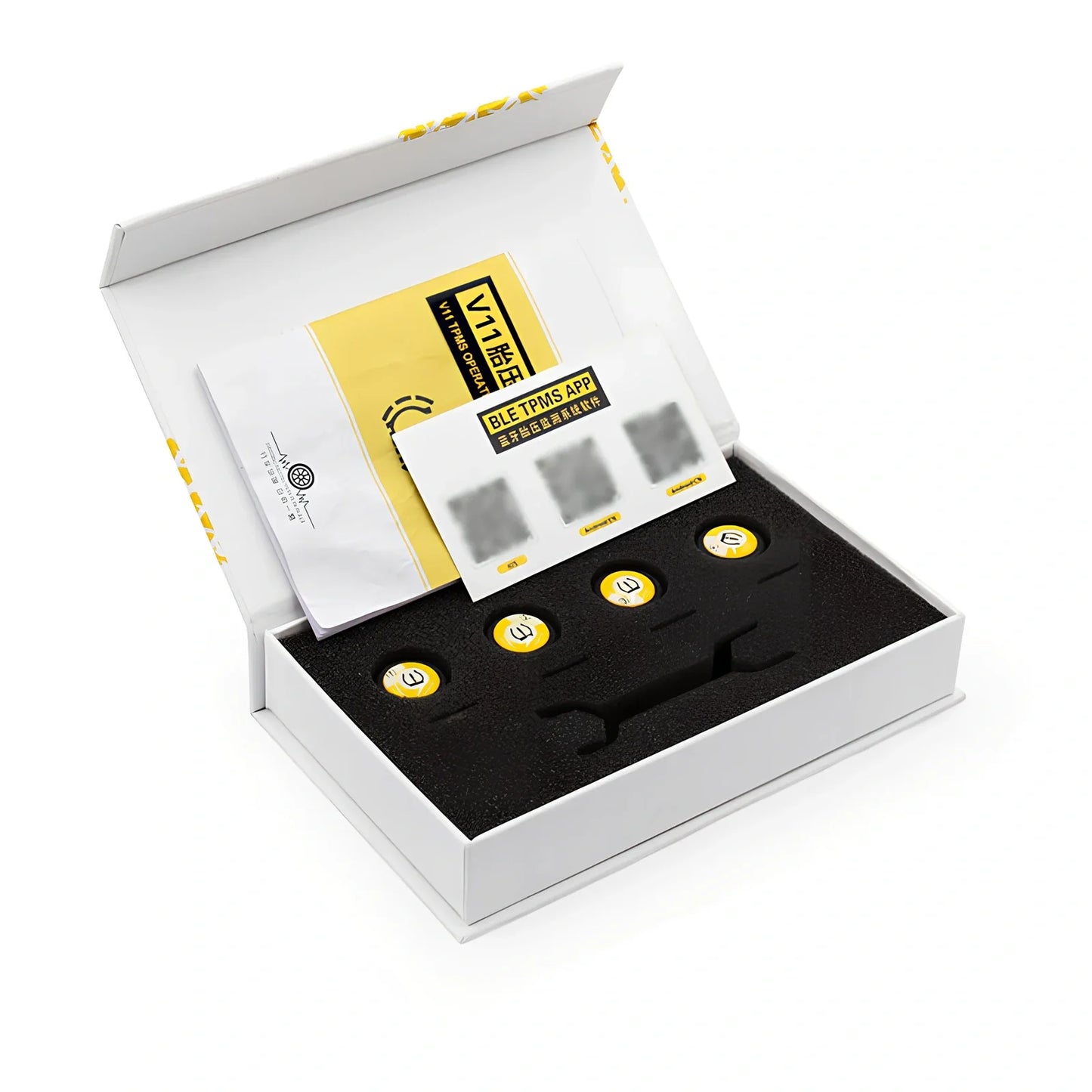 Bluetooth external tyre pressure monitor JVC11-B attached to car valve, showing smartphone app alert for 2.3 bar reading