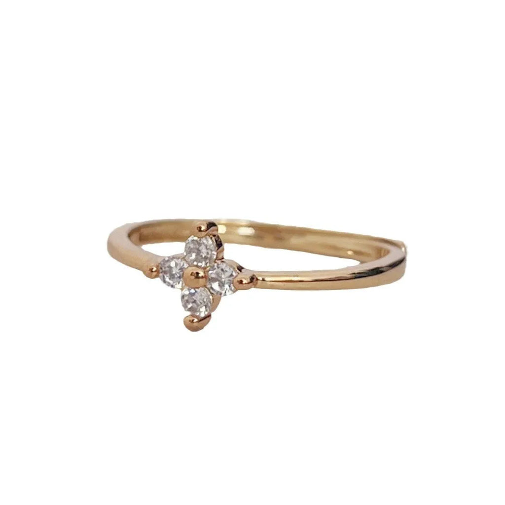 Champagne copper adjustable ring with four-leaf clover and rhinestone flower detail