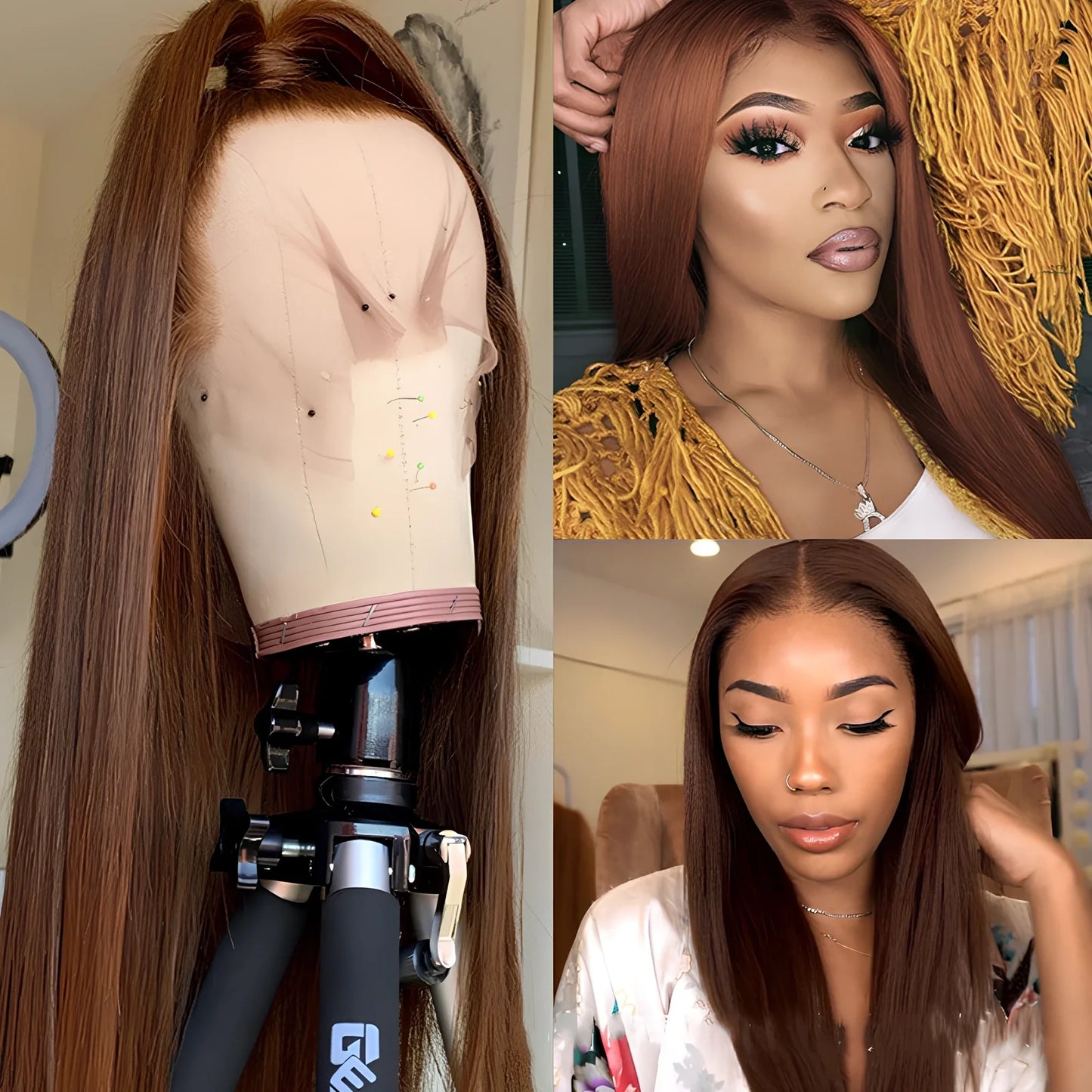 Brown human hair wig with 150% density, 13x6 lace front, lengths 8-30 inches for natural blending