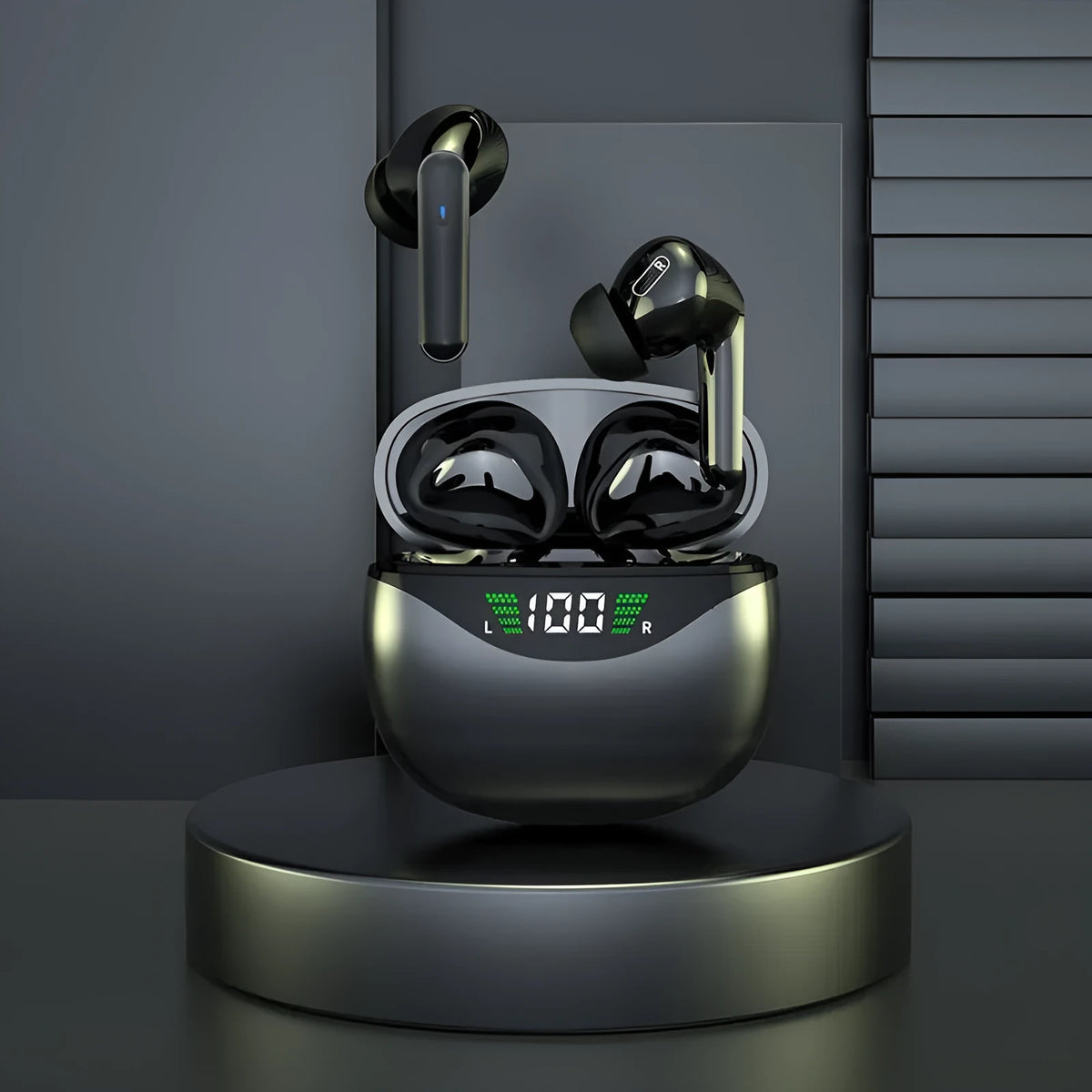 Black wireless Bluetooth headset, earplug style, PC+ABS construction, 10-metre range