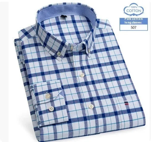 Men's long sleeve pure cotton plaid shirt, casual spring style, available in sizes 38 to 47