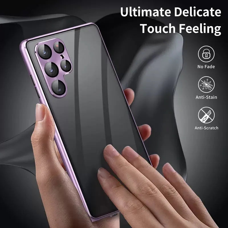 Magnetic mirror phone case for Samsung Galaxy S24 Ultra in silver colour, showing peep-proof cover closed.