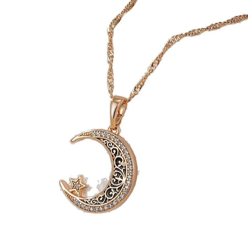 Rose gold star moon pendant necklace with enamel and zircon on adjustable water wave chain