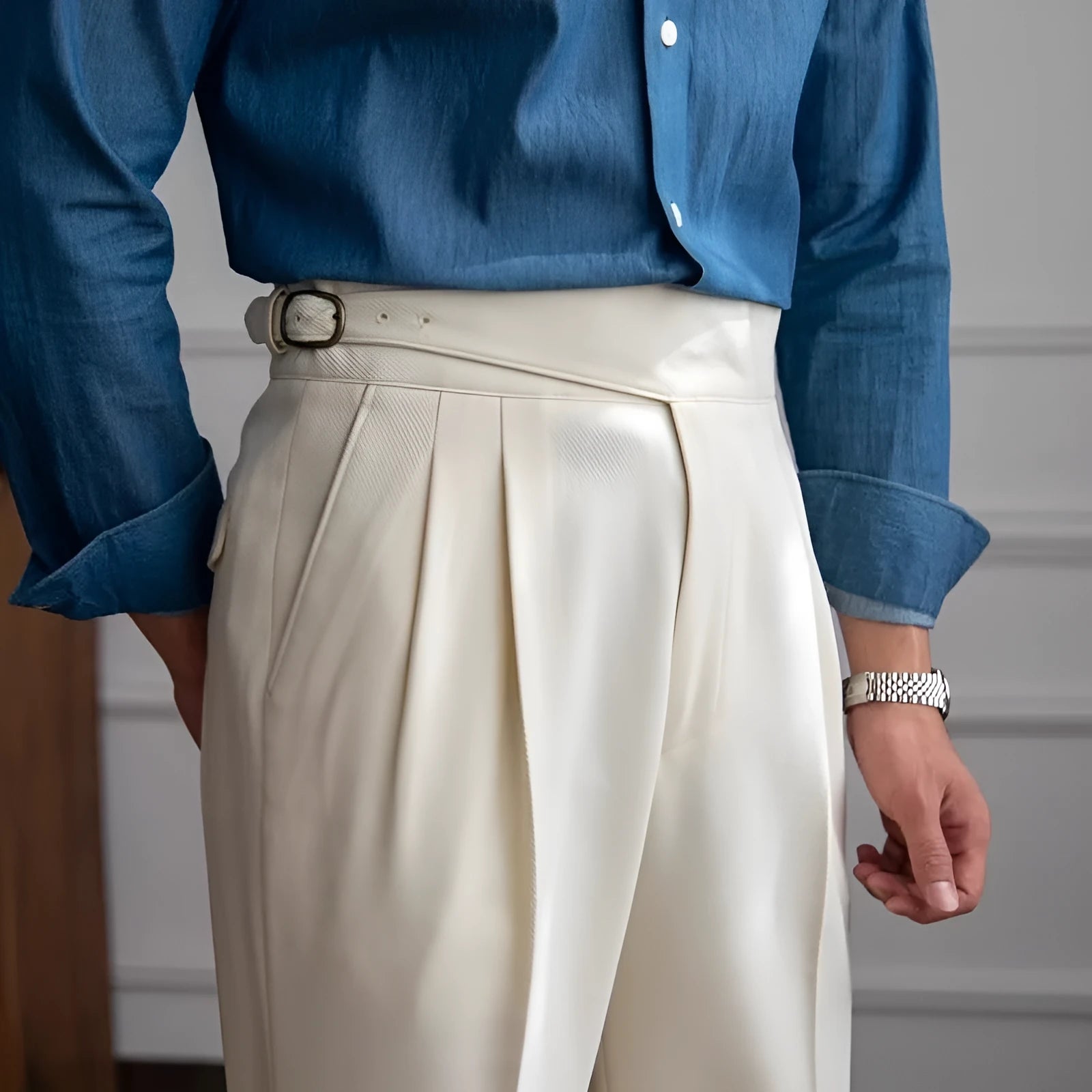 Men's high-waisted straight-leg casual trousers in black polyester fabric on a hanger.