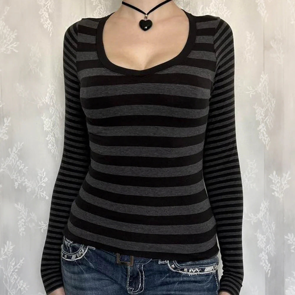 Black and grey striped women's long sleeve sweater t-shirt with slim fit European styling