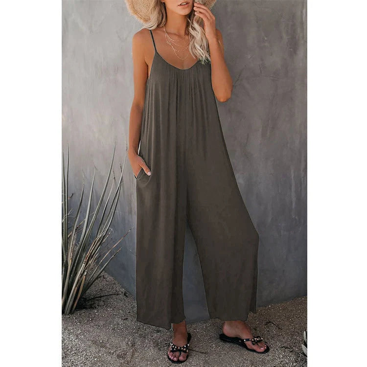 Women's sleeveless cotton blend jumpsuit with pockets, available in multiple colours