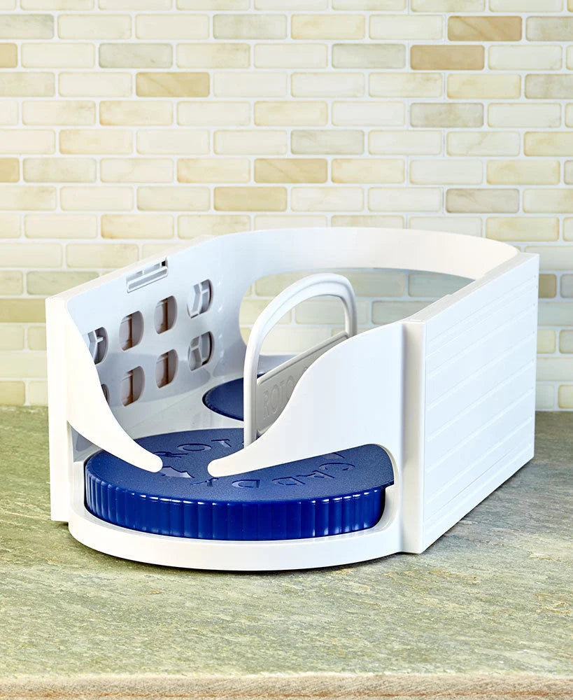 Double roller rotating storage box for kitchen and bathroom organisation
