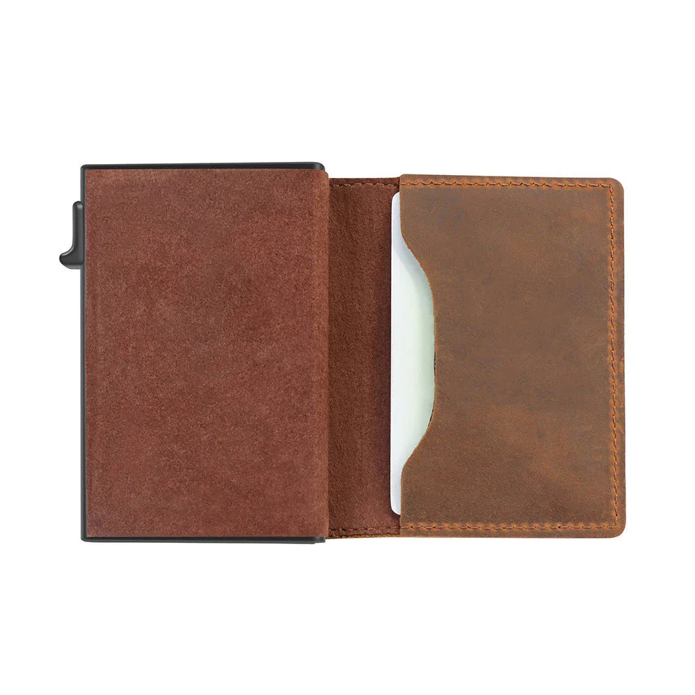 Premium RFID-blocking leather wallet with multiple card slots and dedicated compartments for cash and tracking devices