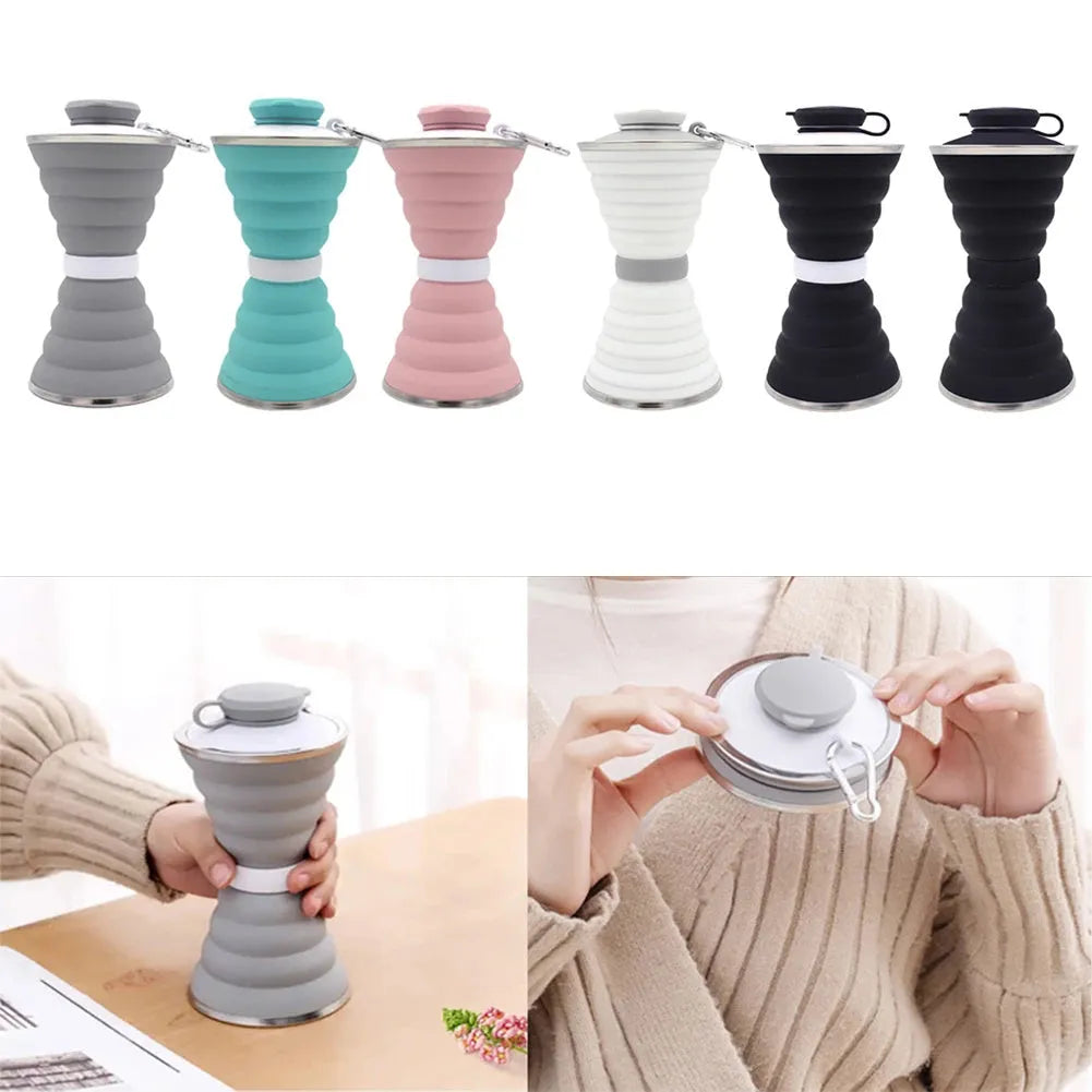 500ml collapsible silicone travel cup shown folded and unfolded with hanging rope and stainless steel rim
