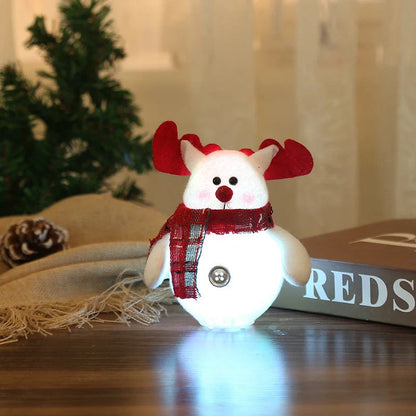 Glowing LED Christmas ornaments with Santa Claus, snowman, and deer designs for a festive holiday tree or home decor