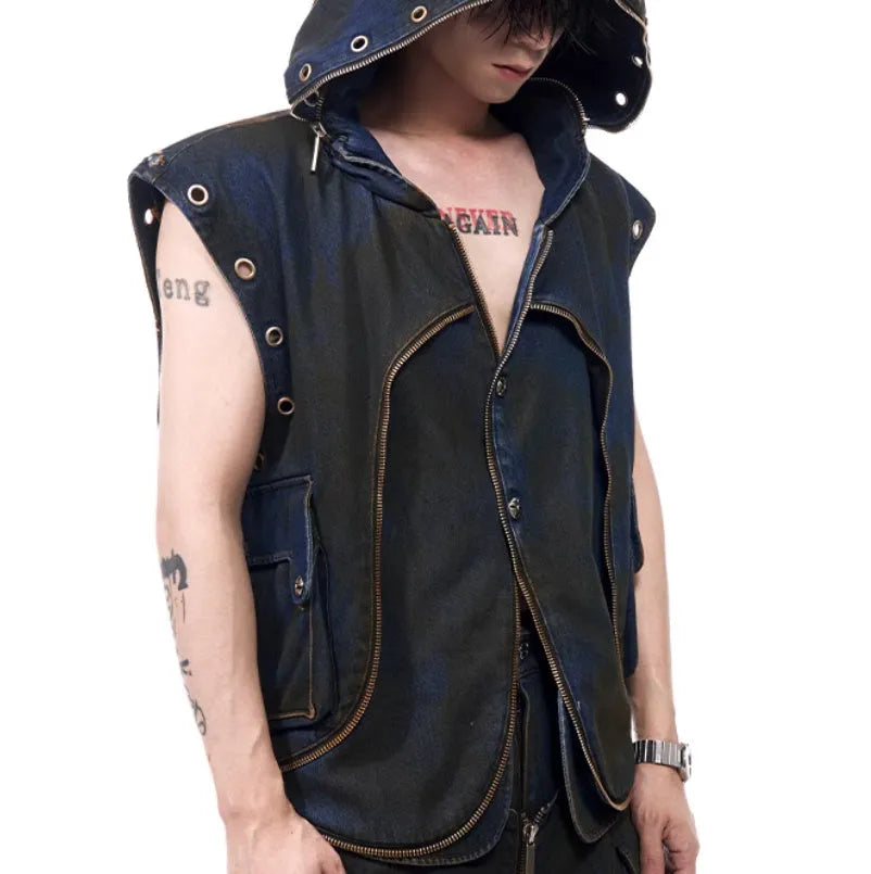 Blue heavy industry style hooded denim vest and matching trousers laid flat