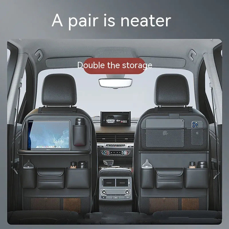 Waterproof leather car seat lazyback storage bag with foldable dining table, shown in black.