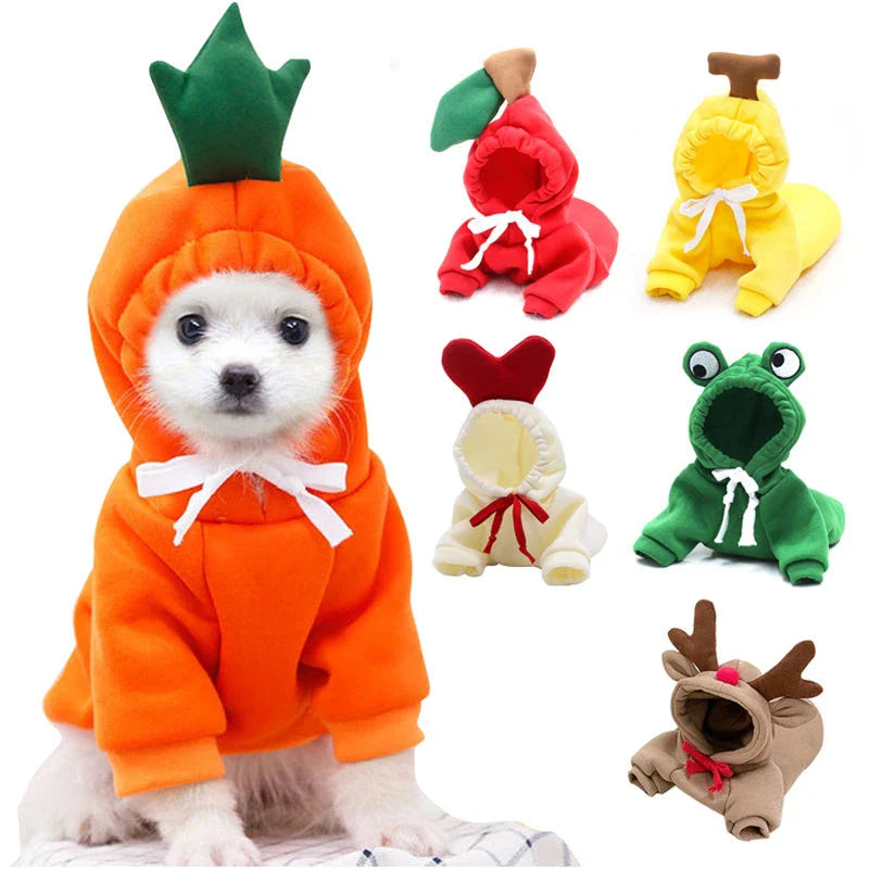 Fruit-themed fleece hoodies for small dogs in various designs and sizes