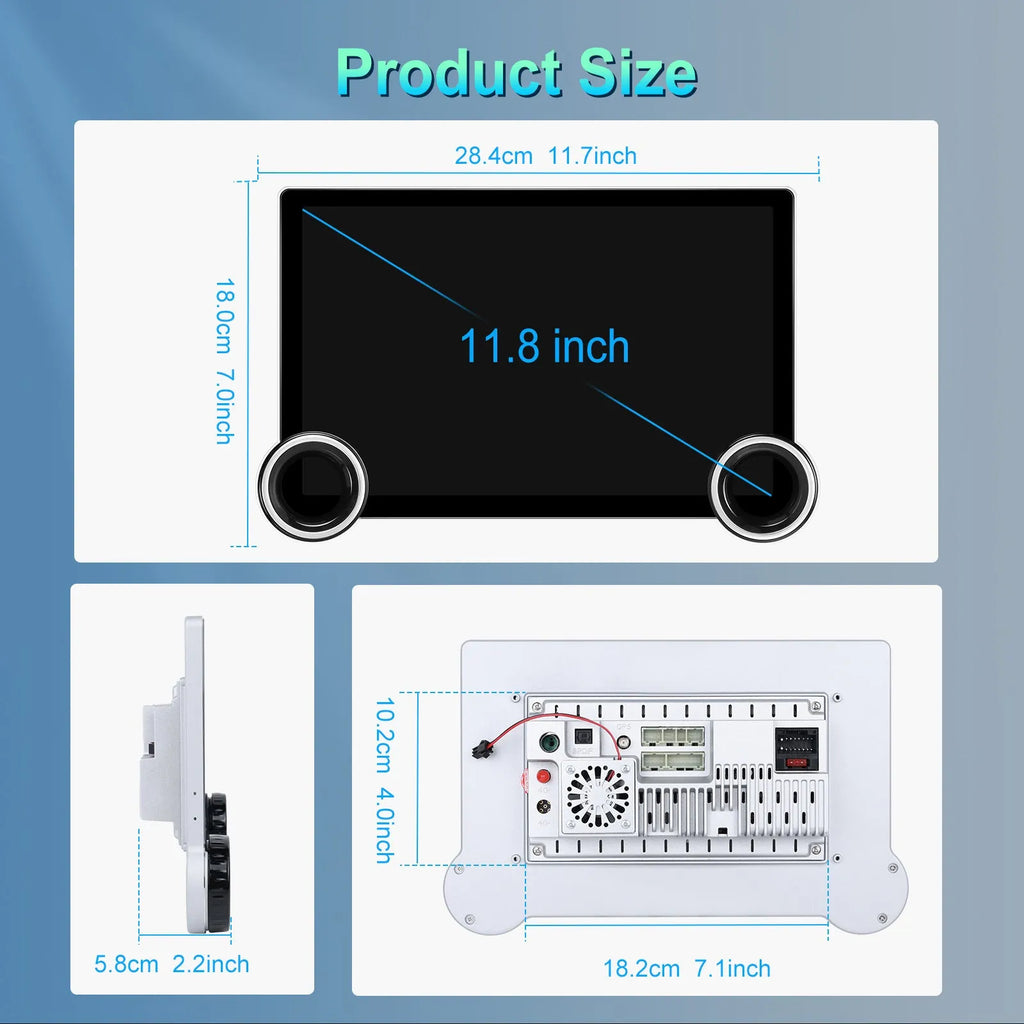 11.8-inch QLED Android car stereo dashboard unit with dual control knobs on screen.