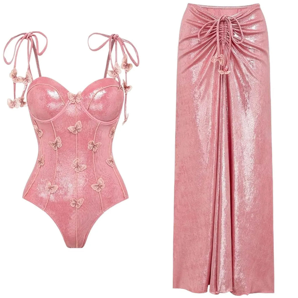 Three-dimensional floral spaghetti strap one-piece swimsuit set for women in pink colour
