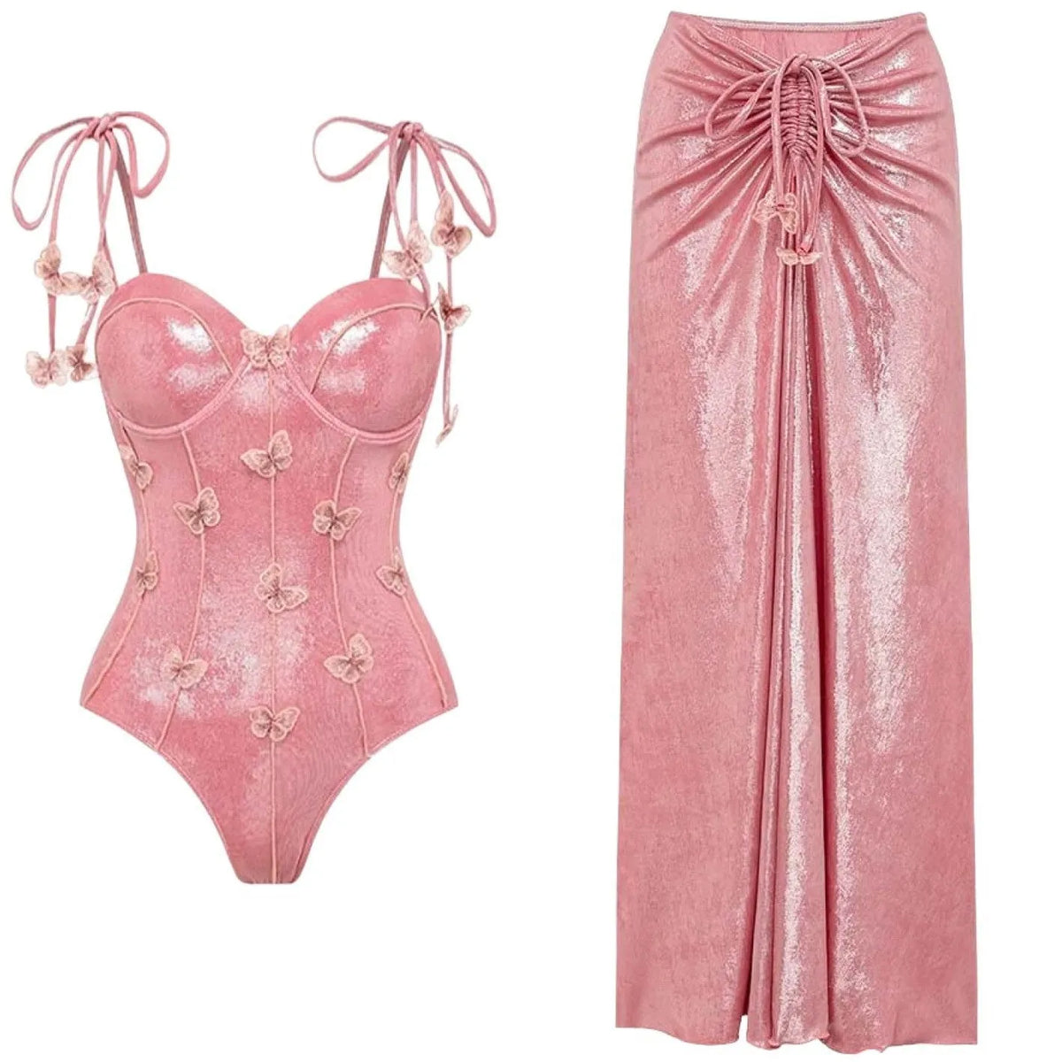 Three-dimensional floral spaghetti strap one-piece swimsuit set for women in pink colour