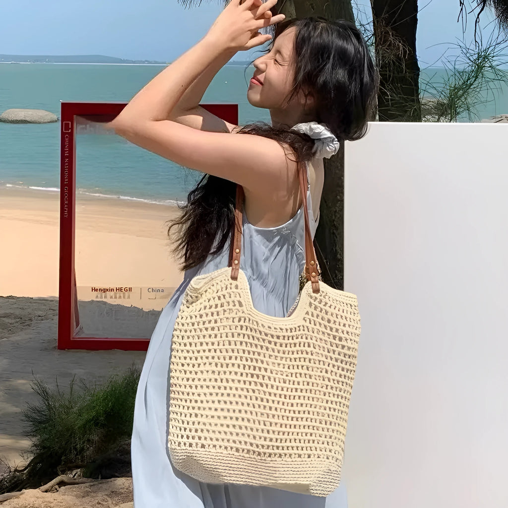 Beige woven cotton linen shoulder bag with large capacity, shown with magnetic snap and zipper closure options.