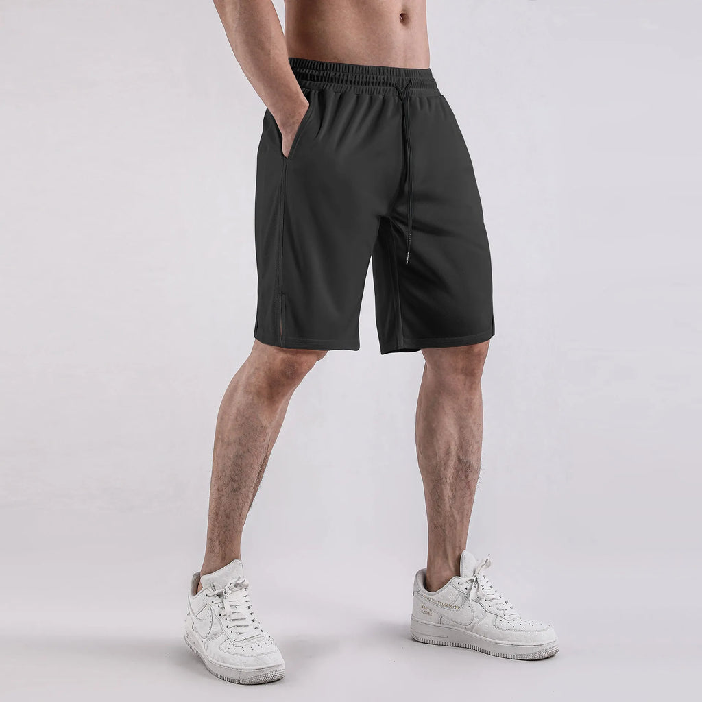 Men's black quick-drying mesh capri shorts with a loose fit and mid waist.