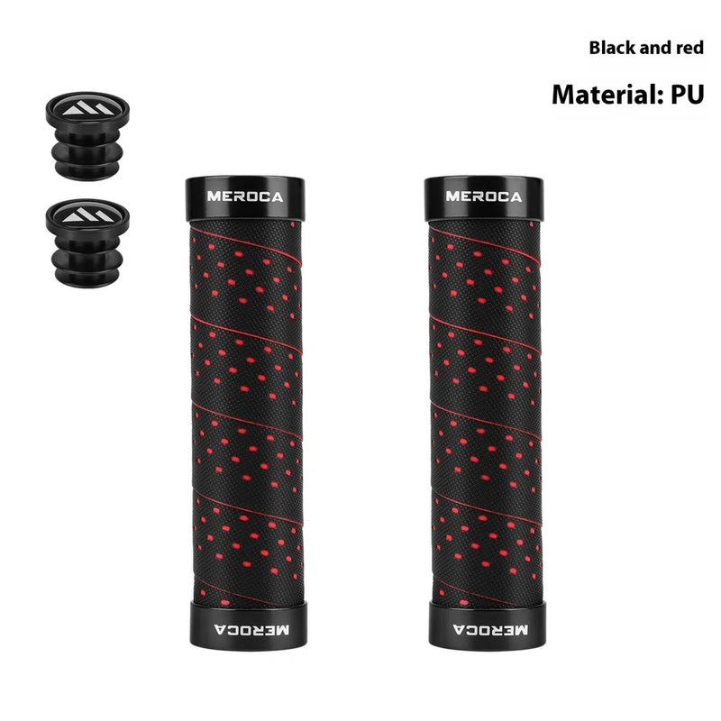 Bicycle handlebar grip cover with lockable anti-slip winding design, made from PU and silicone materials in 22.2mm diameter, available in four colour combinations including black-red and black-blue variants