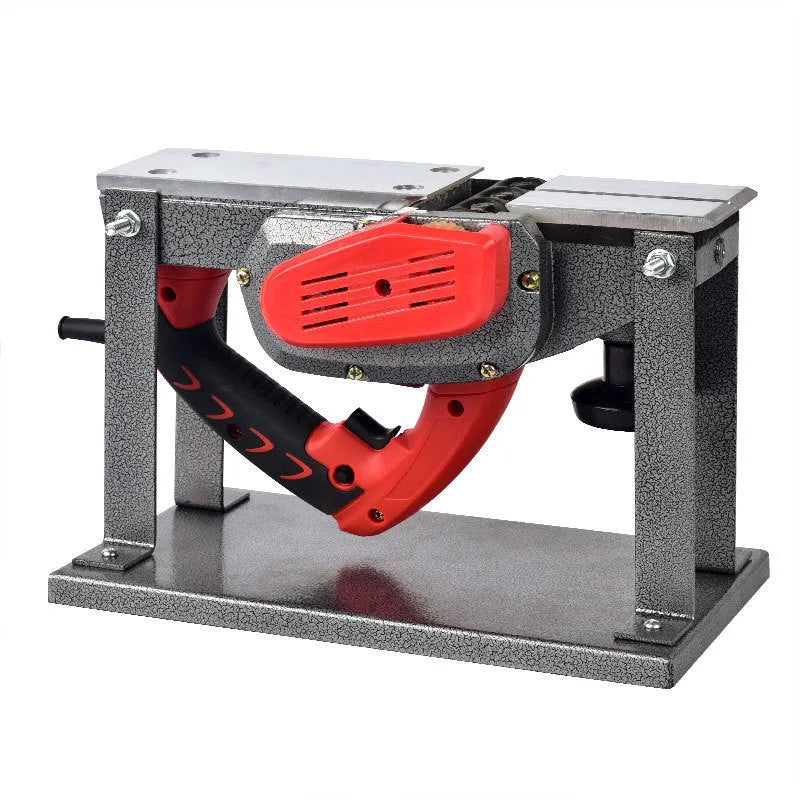 Red desktop electric wood planer with aluminium body showing 82mm planing width and depth adjustment controls