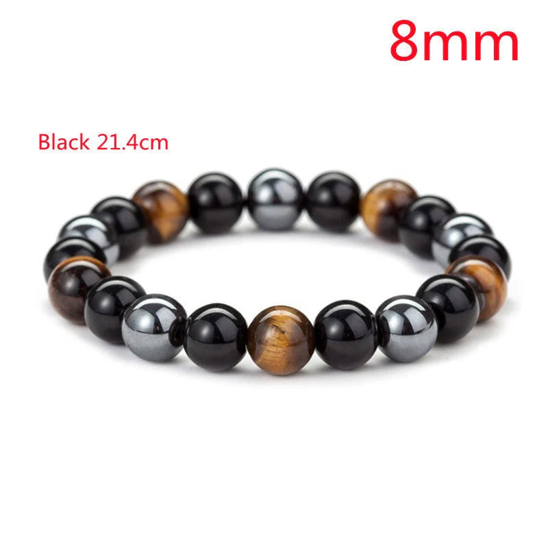 Hand-woven tiger eye stone bracelet in natural colours, showcasing unique texture and geometric design.