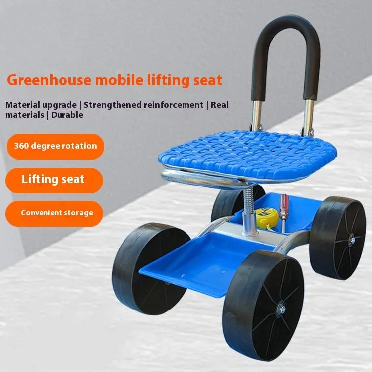 Folding garden mobile seat with wheels and galvanized pipe frame for outdoor use