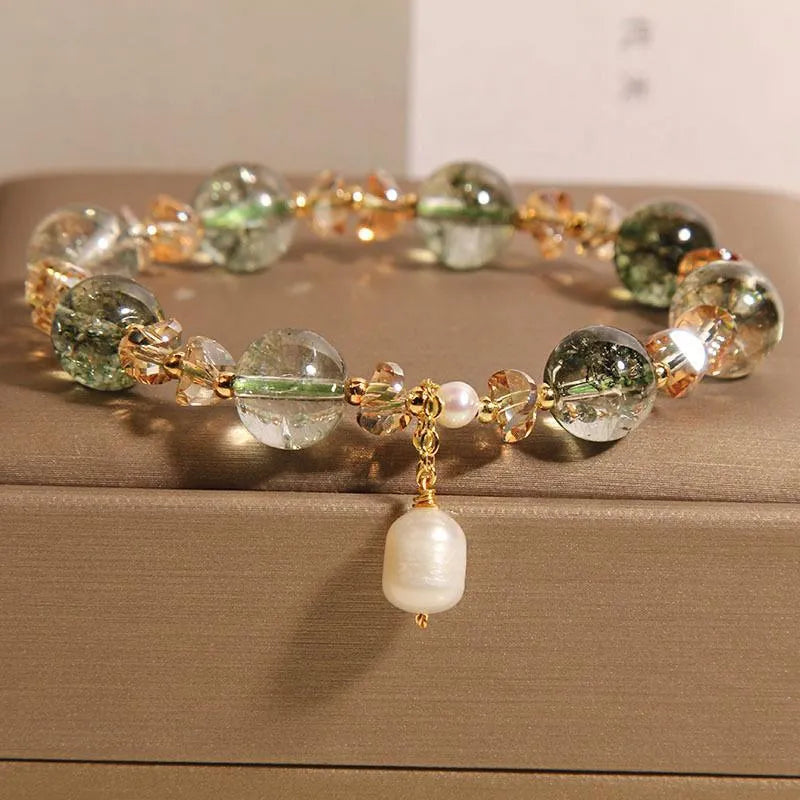 Green phantom quartz crystal bracelet with champagne gravel accents in Japanese Korean style