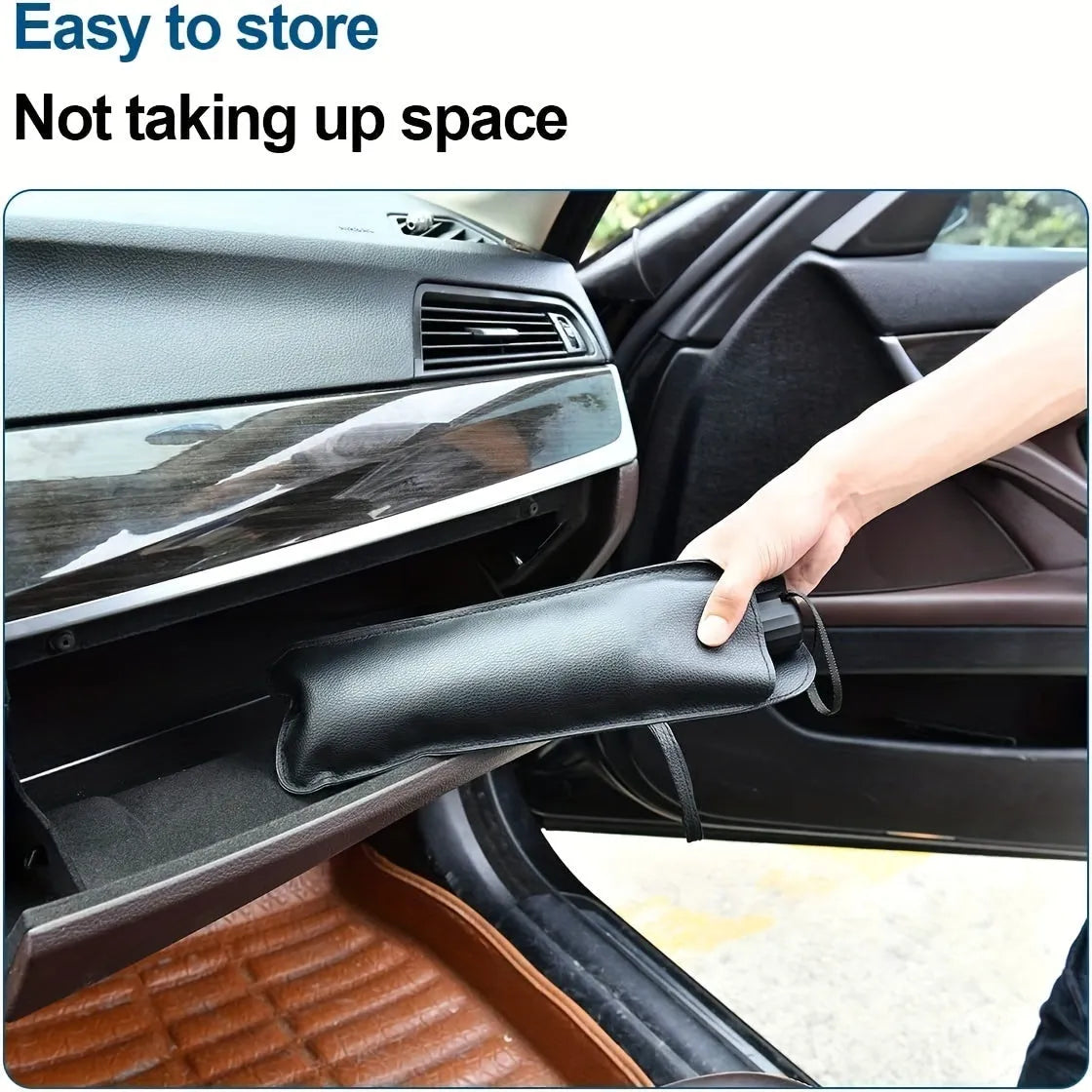 Foldable car windshield sunshade umbrella shown open and folded, with automatic rebound button.