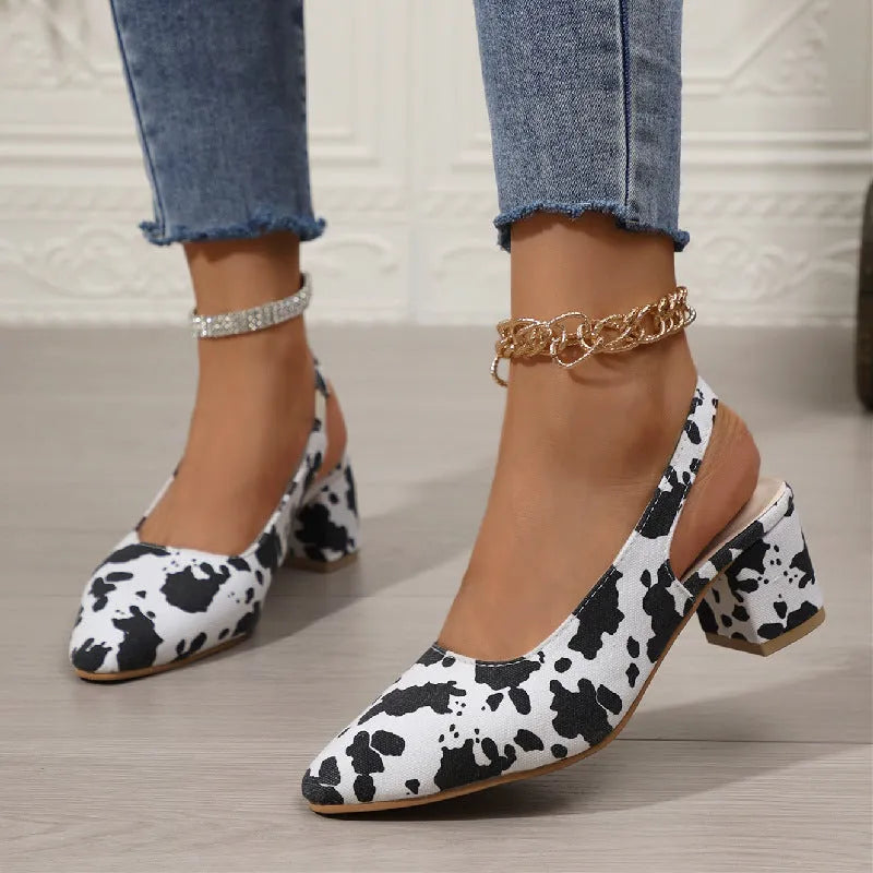 Pointed toe leopard print women's high heel sandals with suede upper and mid heel 3-6cm