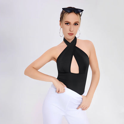 Black women's sleeveless suspender vest in cotton-spandex blend, sizes XS-L, 60cm length for fitted stretch wear