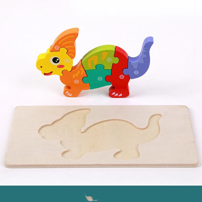Sustainable wooden dinosaur 3D puzzle set for children, including six different models.