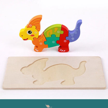 Sustainable wooden dinosaur 3D puzzle set for children, including six different models.